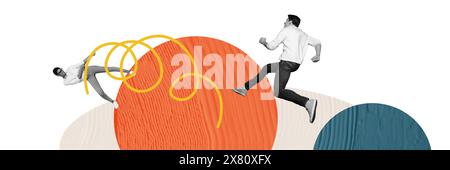 Image de collage composite image de deux personnes courir tirer ressort isolé sur fond créatif Banque D'Images