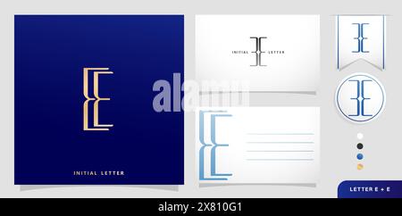 Un ensemble de cartes de visite avec la lettre EE Luxury initiales lettres E et E logos designs en couleurs bleues pour les campagnes publicitaires de marque, typographie Illustration de Vecteur