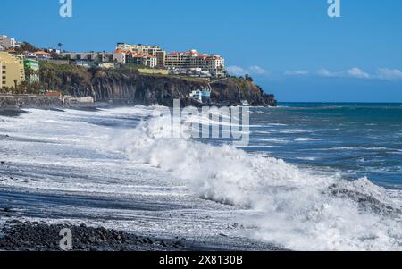 Madère le long de la promenade balnéaire de Funchal vue sur la côte, baignée par l'océan Atlantique et les plantes exotiques Banque D'Images