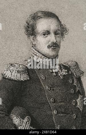 Frédéric VII de Danemark (1808-1863). Roi de Danemark (1848-1863). Portrait. Dessin de C. Legrand. Lithographie de J. Donón. Détail. Reyes Contemporáneos (Rois contemporains). Volume III publié à Madrid, 1854. Banque D'Images