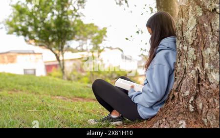 lifestyle : jeune latina lisant un livre dans la nature Banque D'Images