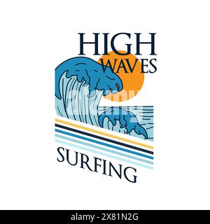 High Waves surf plage d'été typographie affiche coucher de soleil Illustration de Vecteur