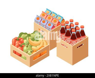 Ensemble de boîtes en bois et caisse avec des boissons et des légumes frais et illustration vectorielle de fruits isolés sur fond blanc Illustration de Vecteur