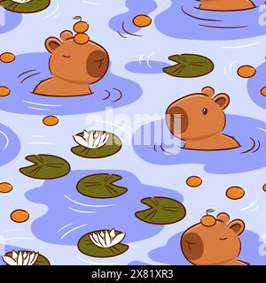 Mignon capybara avec une mandarine sur la tête dans le style kawaii asiatique. Personnage de dessin animé. Illustration vectorielle drôle pour autocollants, logo, mascotte, isolé el Illustration de Vecteur