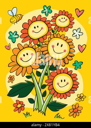 Illustration colorée de bouquet de fleurs de visage souriant dessinée à la main vectorielle avec des coeurs et des étoiles courbes. Convient pour les cartes de vœux et les peintures murales. Illustration de Vecteur