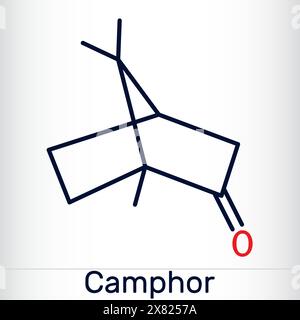 Molécule de camphre. C'est un terpénoïde et une cétone cyclique. Formule chimique structurale et modèle moléculaire. Illustration de Vecteur