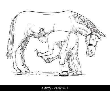 Dessin de style BD ou illustration d'un farrier femelle plaçant le fer à cheval sur le sabot de cheval vu du côté sur un arrière-plan isolé en noir et Illustration de Vecteur