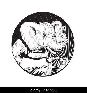Dessin au trait, illustration de style d'esquisse d'un soudeur à éléphant avec chalumeau de soudage, vu du cercle intérieur de l'ensemble latéral réalisé en noir et blanc sur isolé Illustration de Vecteur