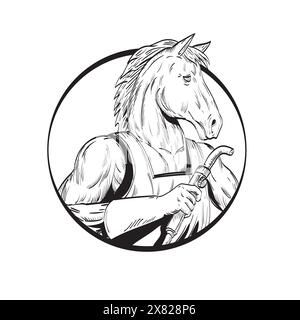 Dessin au trait, illustration de style esquisse d'une soudeuse à étalon de cheval avec chalumeau, vue depuis le cercle intérieur de l'ensemble latéral réalisé en noir et blanc sur iso Illustration de Vecteur