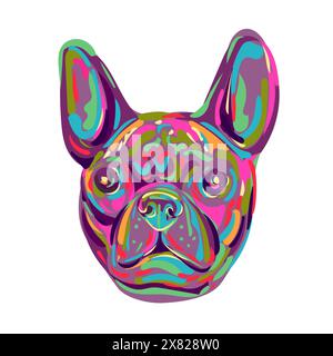 Illustration de style pop art de la tête d'un Bulldog français, d'un Français ou d'un Bouledogue Francais pug dog vu de l'avant sur un arrière-plan isolé en styl rétro Illustration de Vecteur