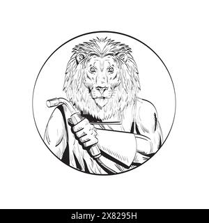 Dessin au trait, illustration de style esquisse d'une soudeuse à lion avec chalumeau de soudage, vue du cercle intérieur de l'ensemble avant, réalisée en noir et blanc sur un whi isolé Illustration de Vecteur