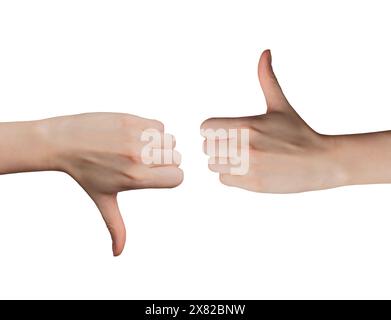 Évaluation des commentaires des clients, gestes de pouce vers le haut, pouce vers le bas. Signe d'approbation et de désapprobation sur fond blanc isolé. Les gens qui choisissent, représentant social Banque D'Images