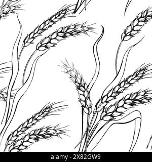 vecteur modèle sans couture d'épis de blé, branches dessinées à la main de blé, thème de l'agriculture, croquis noir et blanc du thème de récolte isolé sur b blanc Illustration de Vecteur