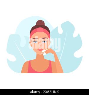 Soin de la peau du visage de la femme, jeune femme massant le menton en utilisant l'illustration vectorielle gua Sha Illustration de Vecteur