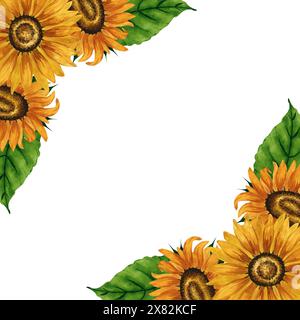 Cadre d'angle pour tournesols aquarelle. Cadre carré avec fleurs jaunes. Composition florale estivale. Arrangement de fleurs d'automne. Botanique dessiné à la main Banque D'Images