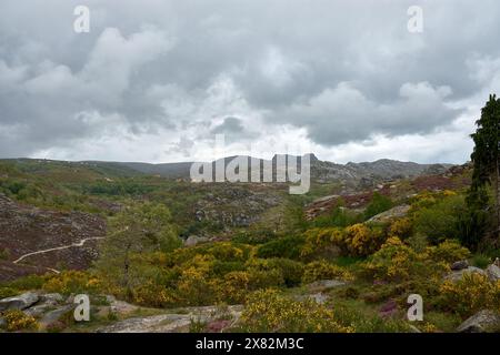 Vue panoramique sur une journée nuageuse du paysage de Castro Lameiro situé à 1033 mètres d'altitude, dans le parc national de Peneda-Gerês. Banque D'Images