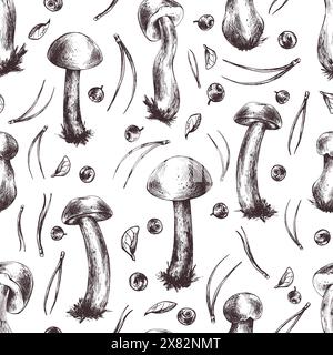 Champignons forestiers comestibles boletus, feuilles, bleuets et aiguilles de pin. Illustration graphique, dessinée à la main à l'encre brune, dessin au trait monochrome. Sans couture Illustration de Vecteur