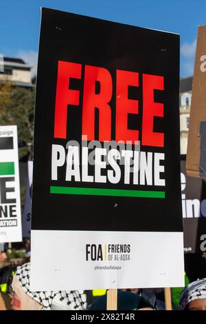 Londres, Royaume-Uni - 11 novembre 2023 : signe Free Palestine tenu par un manifestant lors du rassemblement pro-palestinien dans le centre de Londres, Royaume-Uni. Banque D'Images