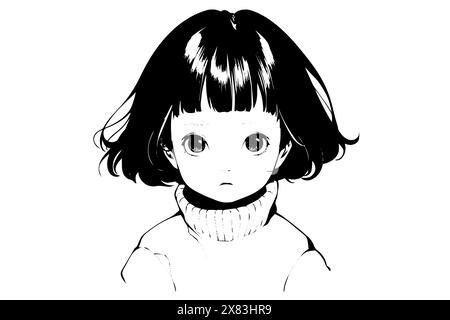 Jolie petite fille avec de grands yeux dessin à l'encre dessiné à la main. Portrait vectoriel manga ou anime. Illustration de Vecteur