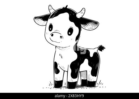 Icône de bébé vache, logotype de veau mignon, esquisse vectorielle de dessin animé animal. Illustration de Vecteur