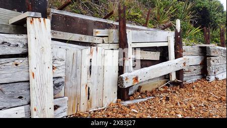 Un mélange de planches de bois forme un mur de mer brisé et optimiste juste au-dessus de la plage sur la côte de Kapiti Nouvelle-Zélande Banque D'Images