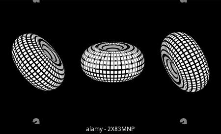 Modèles filaires 3D d'objets ligne de réseau. Formes géométriques atmosphère future. Design rétro futuriste pour élément technologique ou scientifique. Fond noir. Illustration vectorielle. Illustration de Vecteur