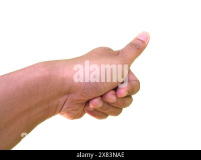 Gestes de la main, pouce vers le haut ou pouce appuyant sur quelque chose, isolé sur fond blanc Banque D'Images