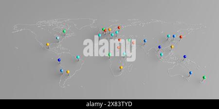 Fond avec des épingles sur les grandes villes sur une carte du monde simplifiée. rendu 3d. Banque D'Images