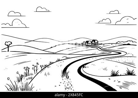 Route du désert dessin à l'encre dessiné à la main paysage routier. Illustration vectorielle de style gravé. Illustration de Vecteur