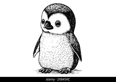 Croquis gravé d'un mignon bébé pingouin : illustration d'animaux vectoriels de la faune Antarctique. Illustration de Vecteur