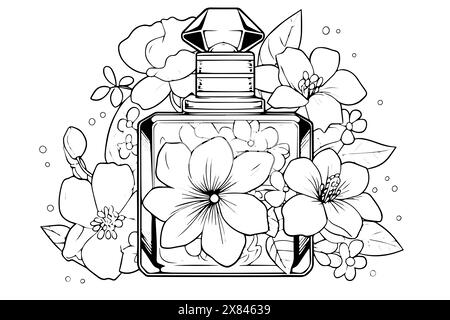 Bouteille de parfum gravée vintage : Flower Blossom Vector Sketch in Crimson logo. Illustration de Vecteur