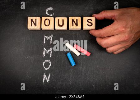 NOMS COMMUNS. Puzzle de mots croisés en bloc en bois et morceaux de craie sur un fond de tableau noir. Banque D'Images