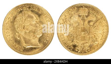 Pièce d'or de 1915 à l'image de l'empereur Franz Joseph et de l'aigle à double tête de la monarchie autrichienne, avers et revers Banque D'Images