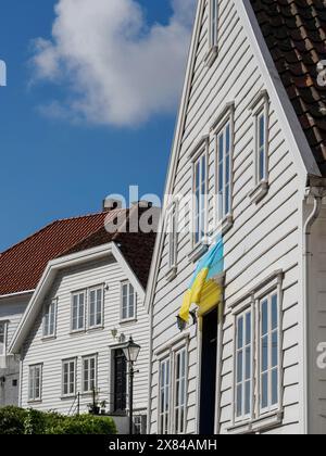 Maisons en bois blanc avec toits rouges et drapeau sous un ciel bleu par une journée ensoleillée, maisons en bois blanc dans un environnement verdoyant contre un ciel bleu Banque D'Images