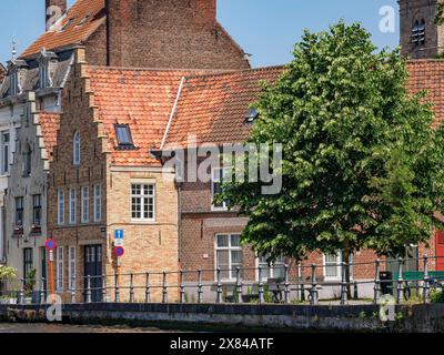 Un bâtiment en briques avec un toit de tuiles rouges, des fenêtres et un arbre au premier plan, de vieilles façades de maisons historiques avec des tours et des ponts sur une rivière, Bruges Banque D'Images