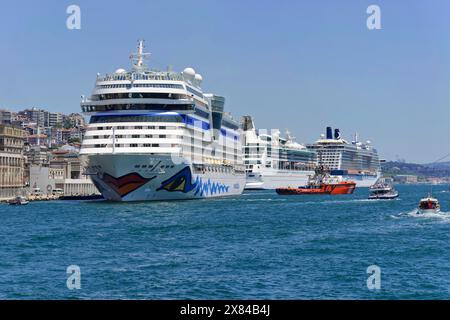 Grand bateau de croisière AIDAstella, dans le port avec plusieurs bateaux et des paysages urbains sous un ciel bleu vif, Istanbul, province d'Istanbul, Turquie Banque D'Images