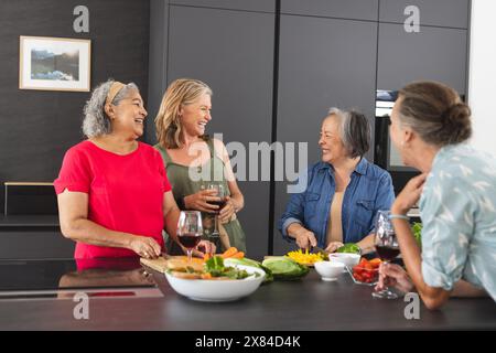 Diverses amies seniors appréciant le repas ensemble à la maison Banque D'Images
