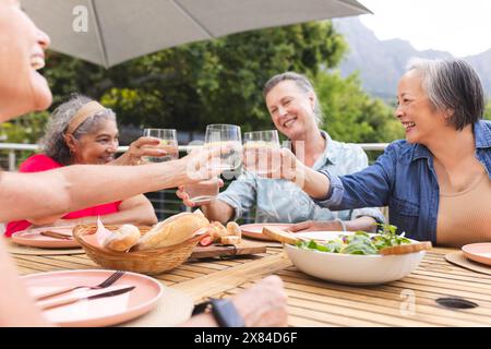 Diverses amies seniors grillant des verres à l'extérieur Banque D'Images