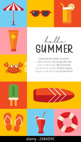 Bonjour conception d'affiche et de bannières d'été. Été avec des éléments d'objets arrière-plan. Illustration de Vecteur