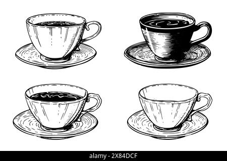 Ensemble de tasses vintage ou mugs sur une assiette dessin à l'encre dessiné à la main. Illustration vectorielle de style gravé. Illustration de Vecteur