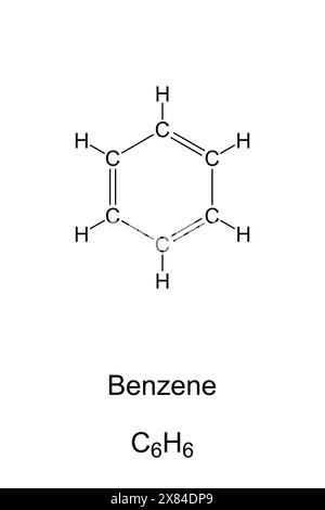 Benzène, C6H6, formule chimique et structure squelettique. Composé chimique organique et hydrocarbure, composé de 6 atomes de carbone réunis en un cycle. Banque D'Images