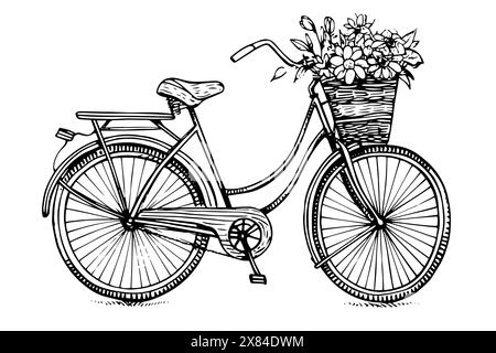 Vélo vintage avec des fleurs dans un panier dessiné à la main illustration vectorielle gravée. Illustration de Vecteur