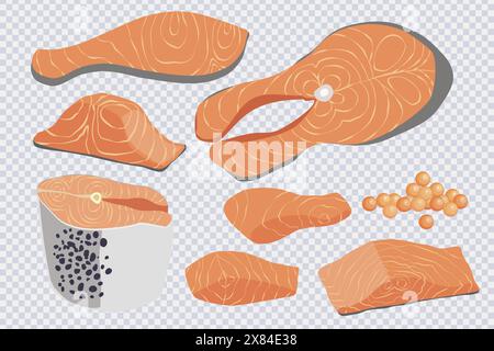 Morceaux de poisson rouge. Steak de poisson rouge, filet de saumon, caviar à plat isolé sur transparent. Fruits de mer bio frais pour le restaurant, menu de bar à sushis. Illustration de Vecteur
