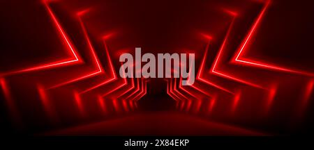 Fond rouge abstrait de lueur lumineuse de flèche néon. Bannière futuriste de mouvement de ligne de laser cyber pour casino. Conception graphique 3D dynamique de faisceau de perspective techno. Puissance de fête cool et tunnel LED boost d'énergie Illustration de Vecteur