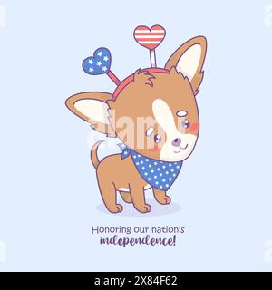 Chien patriotique mignon chihuahua dans les accessoires de vacances en couleurs drapeau américain. Personnage animal kawaii de dessin animé drôle. Carte du jour de l'indépendance américaine Wit Illustration de Vecteur