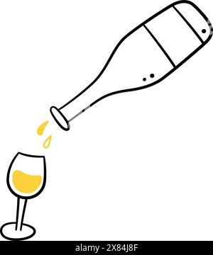 Bouteille de vin et verre. Bouteille de vigne blanche et verre de vin. Eléments de ligne dessinés à la main. Éclaboussures de champagne. Illustration vectorielle dans le style doodle sur blanc Illustration de Vecteur