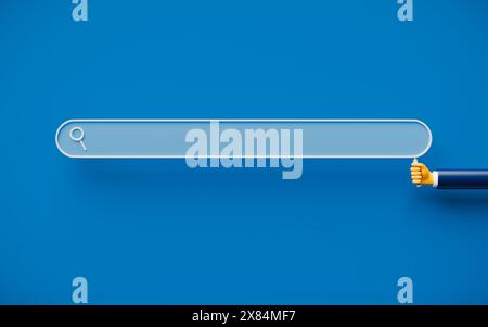 Main tenant la loupe dans une forme de barre de recherche. rendu 3d d'un concept de recherche moderne d'informations Banque D'Images