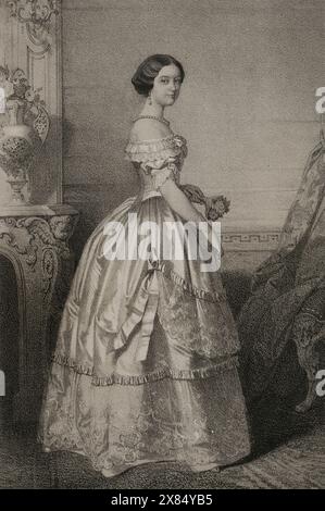 Adelheid-Marie d'Anhalt-Dessau (1833-1916) Duchesse consort de Nassau (1851-1866) par son mariage en 1851 avec Adolphe (1817-1905), duc de Nassau. Grande duchesse consort de Luxembourg (1890-1905). Portrait de la duchesse de Nassau. Dessin de J. Vallejo. Lithographie de J. Donón. Reyes Contemporáneos (Rois contemporains). Volume III publié à Madrid, 1854. Banque D'Images