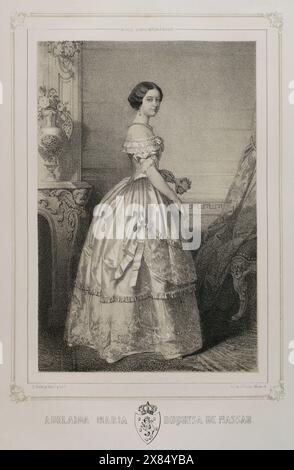 Adelheid-Marie d'Anhalt-Dessau (1833-1916) Duchesse consort de Nassau (1851-1866) par son mariage en 1851 avec Adolphe (1817-1905), duc de Nassau. Grande duchesse consort de Luxembourg (1890-1905). Portrait de la duchesse de Nassau. Dessin de J. Vallejo. Lithographie de J. Donón. Reyes Contemporáneos (Rois contemporains). Volume III publié à Madrid, 1854. Banque D'Images