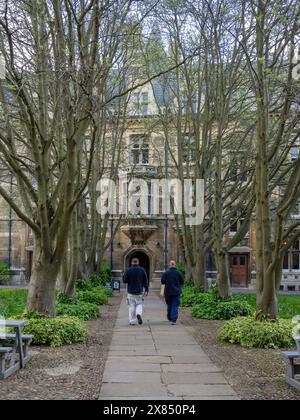 Visiteurs marchant le long d'un chemin bordé d'arbres, Tree court, Gonville & Caius College, Cambridge, Royaume-Uni Banque D'Images